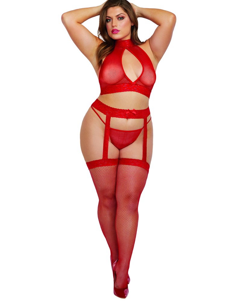 Σέξι σετ bralette, ζαρτιέρες με ενσωματωμένες κάλτσες και G-String