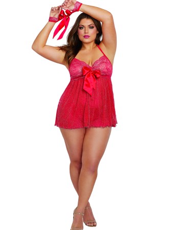 Σέξι γυναικείο μεταλιζέ babydoll με g-string και χειροπέδες!