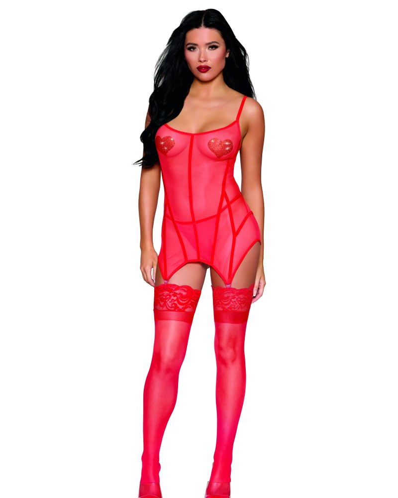 Σέξι κόκκινο babydoll με ζαρτιέρες και στρινγκ