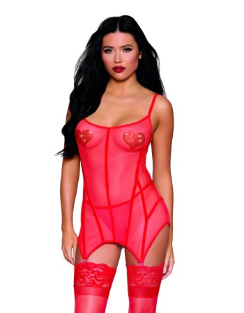 Σέξι κόκκινο babydoll με ζαρτιέρες και στρινγκ