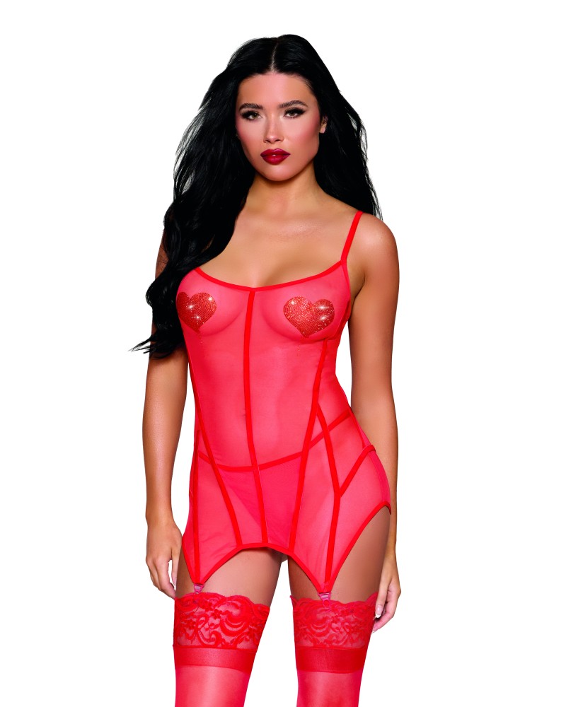 Σέξι κόκκινο babydoll με ζαρτιέρες και στρινγκ