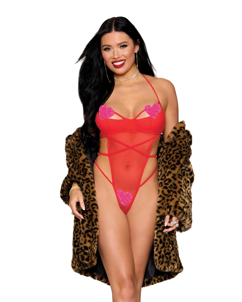 Σέξι κορμάκι στρινγκ με ανοιχτό καβάλο και καρδιές